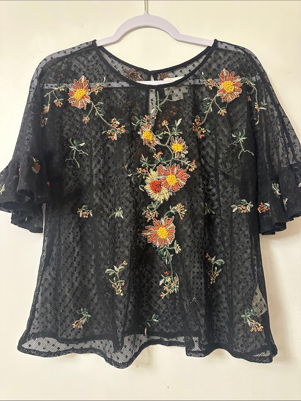 Maeve Black Sheer Lace Blouse with Orange and Yellow Floral Embroidery